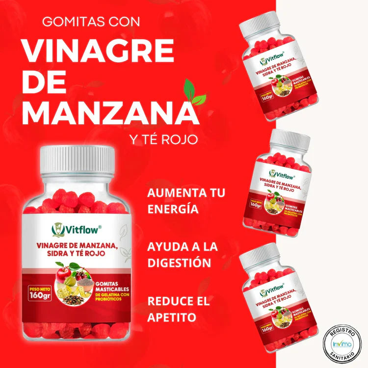 VitFlow® 2X1 – Gomitas de mascar elaboradas con vinagre de manzana, Sidra y Té Rojo 🍎