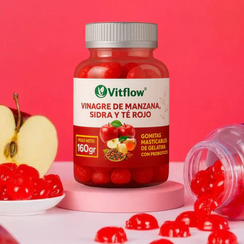 VitFlow® 2X1 – Gomitas de mascar elaboradas con vinagre de manzana, Sidra y Té Rojo 🍎