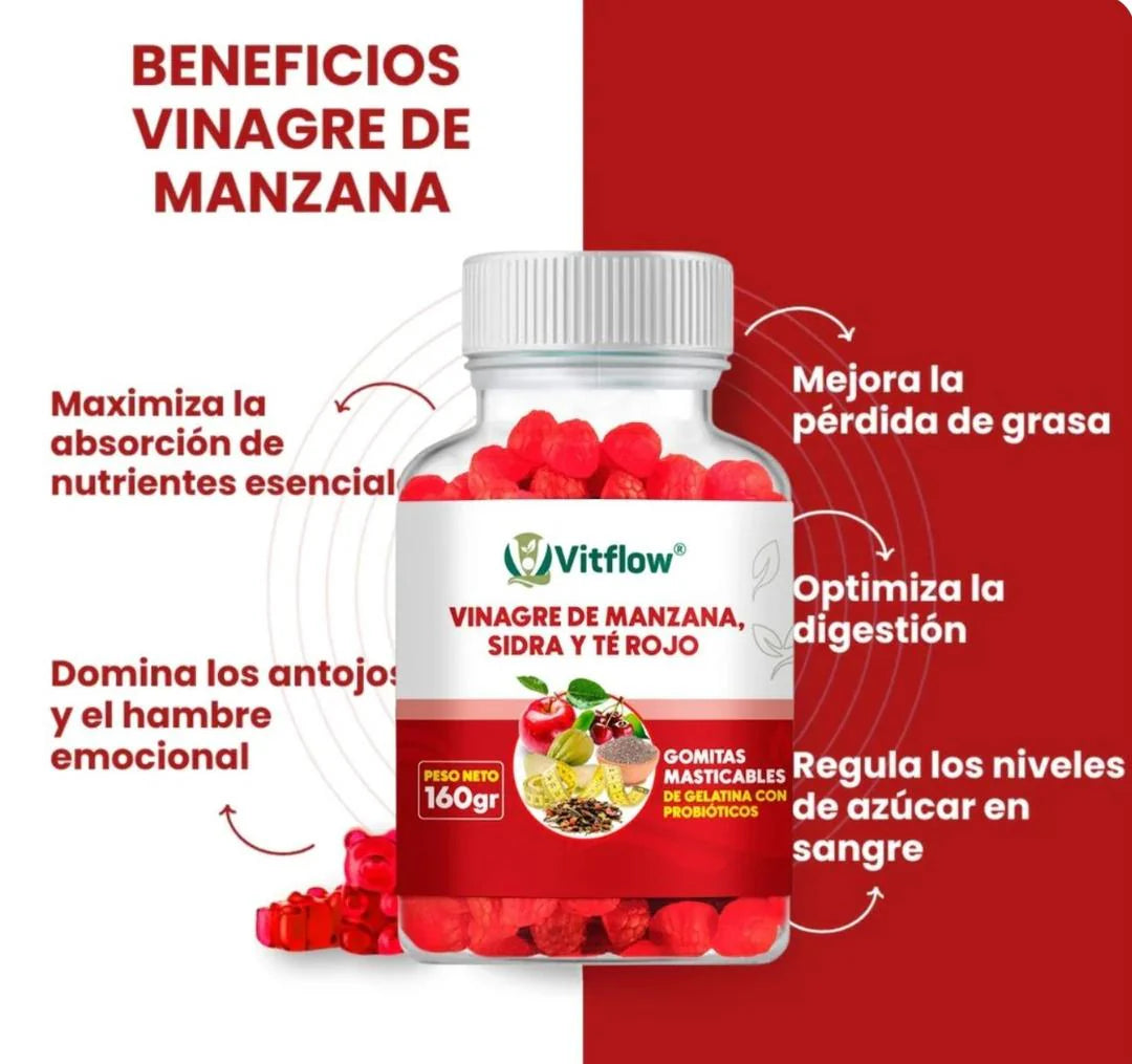 VitFlow® 2X1 – Gomitas de mascar elaboradas con vinagre de manzana, Sidra y Té Rojo 🍎
