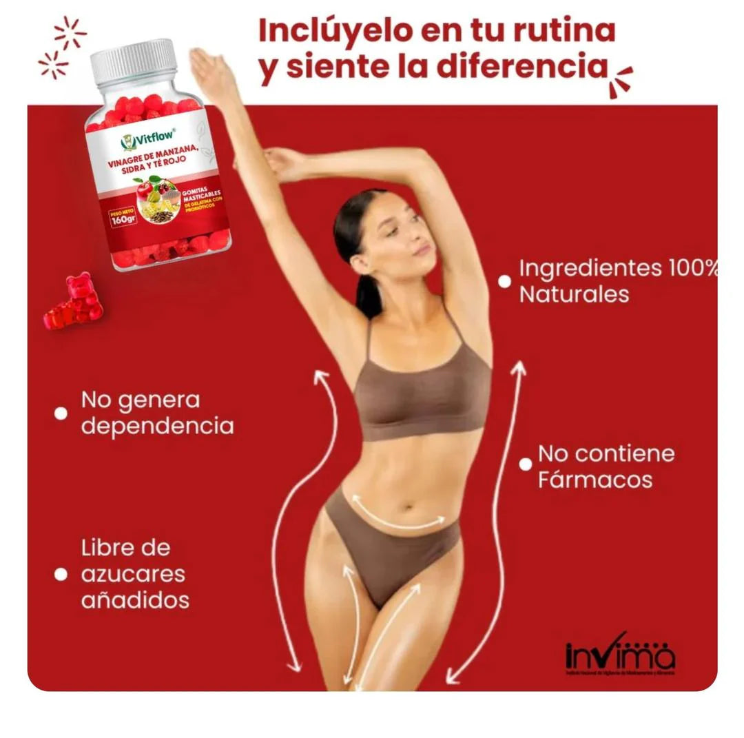 VitFlow® 2X1 – Gomitas de mascar elaboradas con vinagre de manzana, Sidra y Té Rojo 🍎