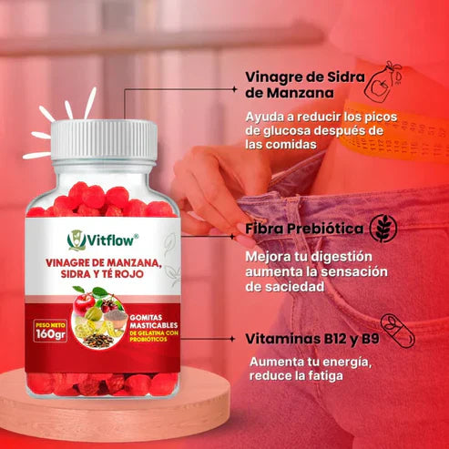 VitFlow® 2X1 – Gomitas de mascar elaboradas con vinagre de manzana, Sidra y Té Rojo 🍎
